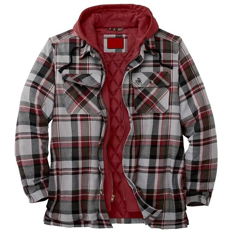 Men's patchwork checkered cotton hooded jacket with color-block panels and casual relaxed fit