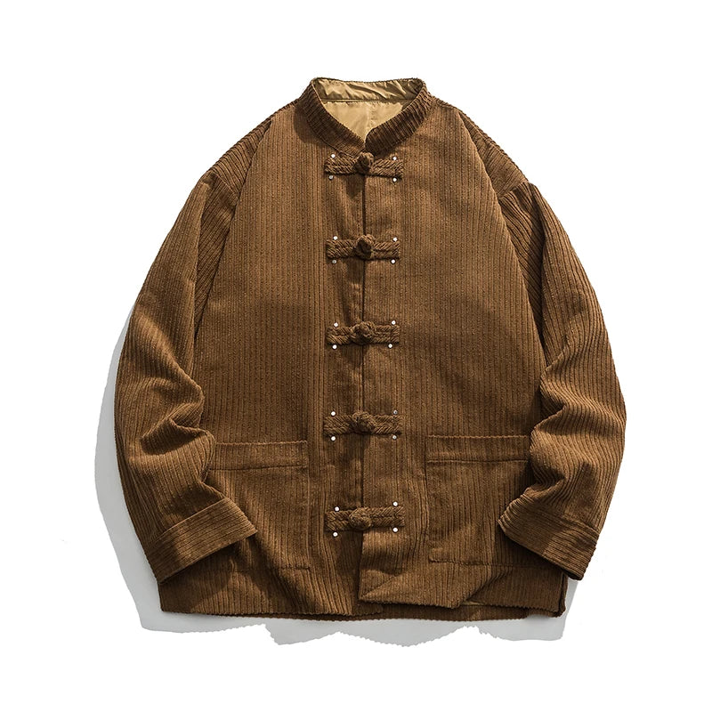 Oversized solid corduroy jacket with embroidered frog closure, Eastern-inspired sleek silhouette