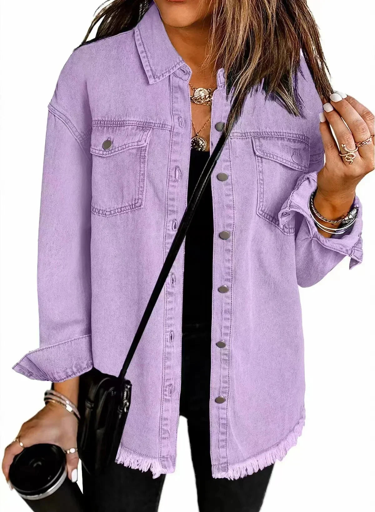 Soft washed denim shirt jacket with relaxed fit and raw fringe hem for casual layering