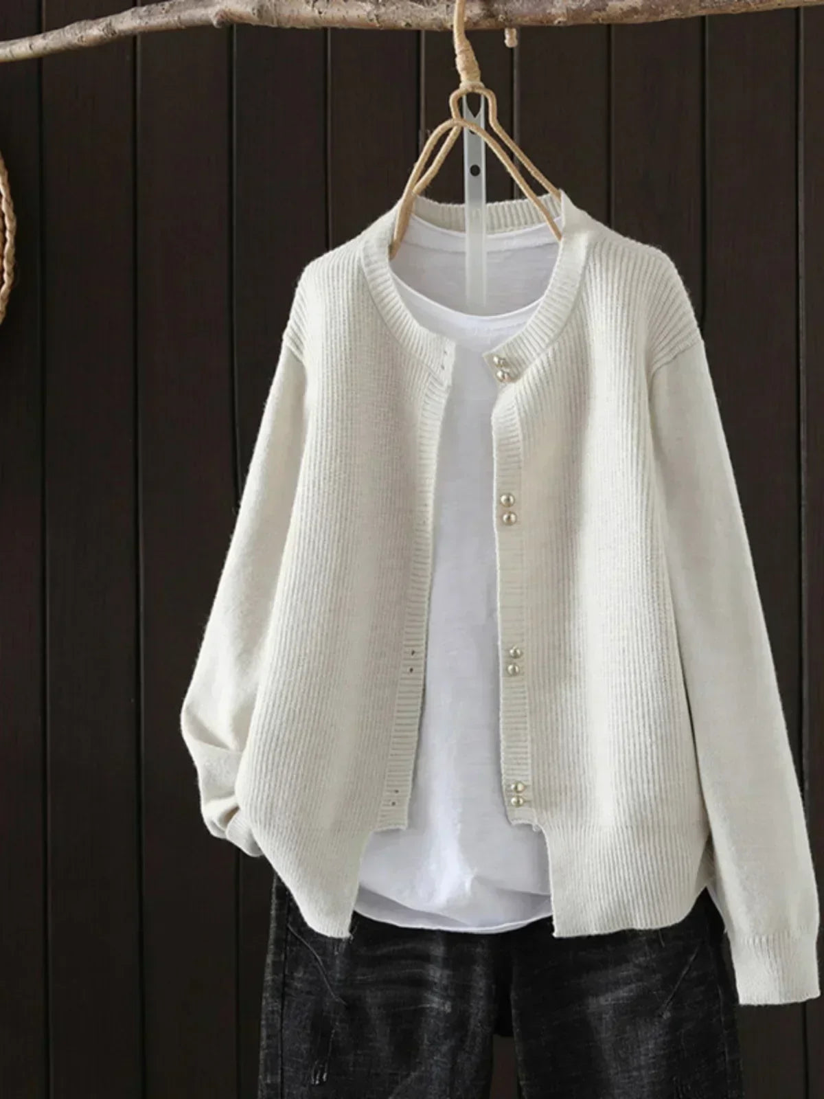 Josephine soft beige cardigan with cozy wrap silhouette and flattering everyday layering design