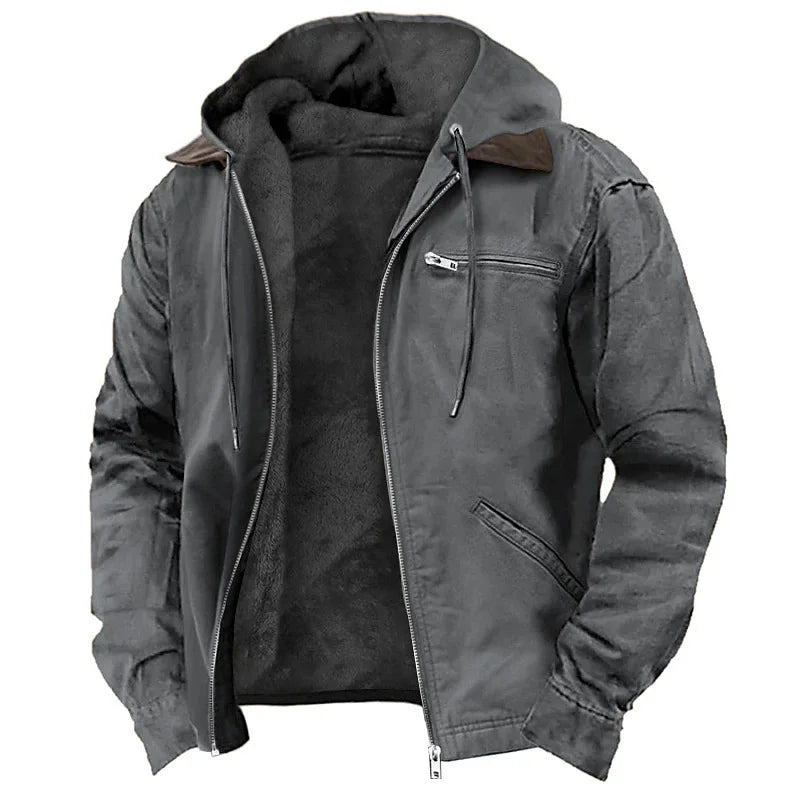 Men's rugged cotton canvas jacket with zip front, utility pockets, and cozy fleece lining