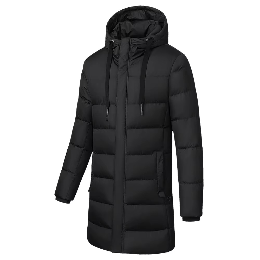 Long black heated down coat hooded USB-powered warming zones full-length winter puffer jacket