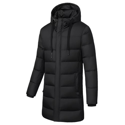 Long black heated down coat hooded USB-powered warming zones full-length winter puffer jacket