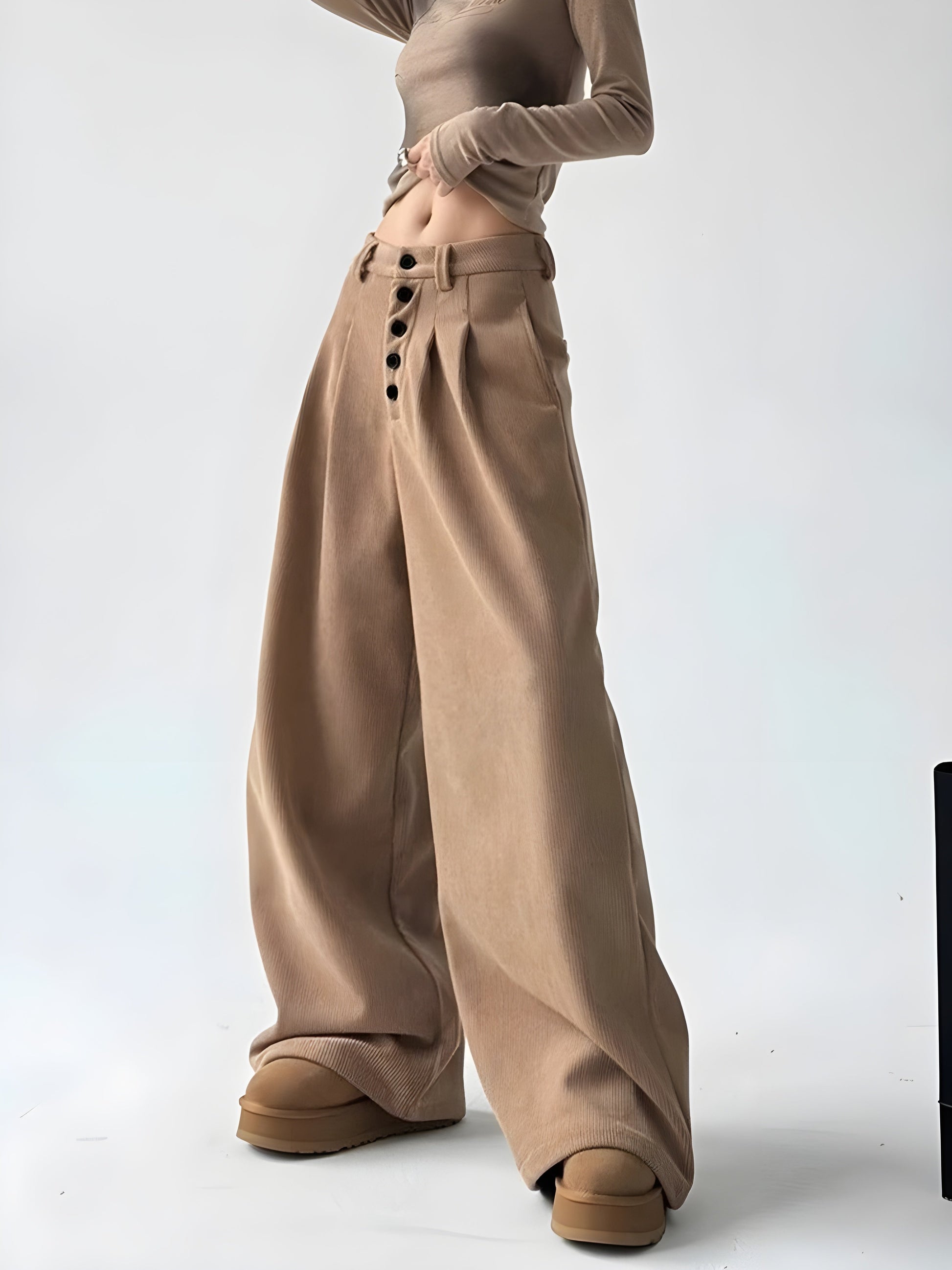 Women's corduroy palazzo pants high-waist pleated wide-leg with bold button closure in solid color