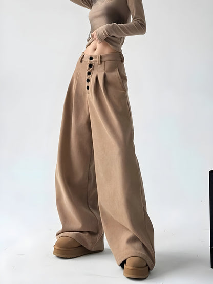 Women's corduroy palazzo pants high-waist pleated wide-leg with bold button closure in solid color