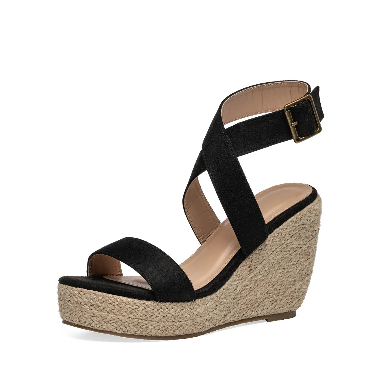 Black espadrille wedge sandals with crisscross straps and adjustable buckle, bohemian style