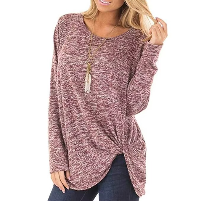 Women's cold shoulder twist knot tunic top long sleeve casual relaxed fit subtle cutout detail
