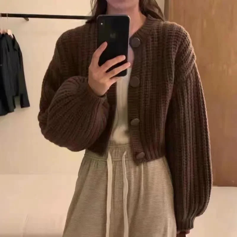 Women's cropped wool knit cardigan loose fit balloon sleeves button front cozy everyday layer