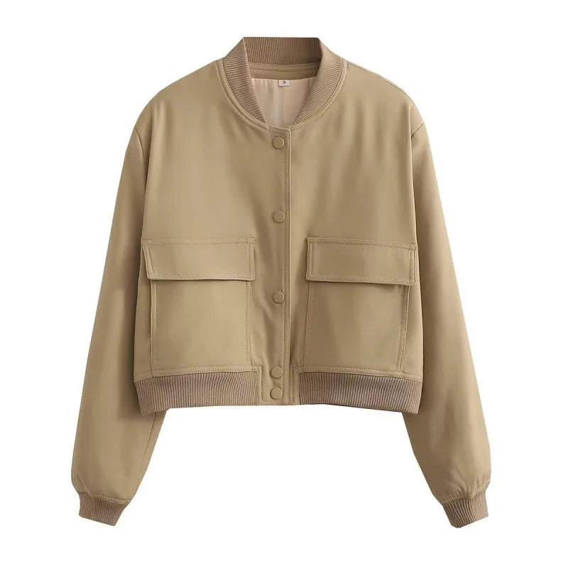 Wavlynn Clara women's casual bomber jacket with front pockets, minimalist structured silhouette for everyday warmth