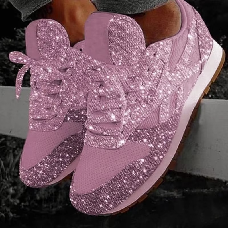 Women's white glitter mesh platform sneakers with lace-up closure and sparkling bling accents