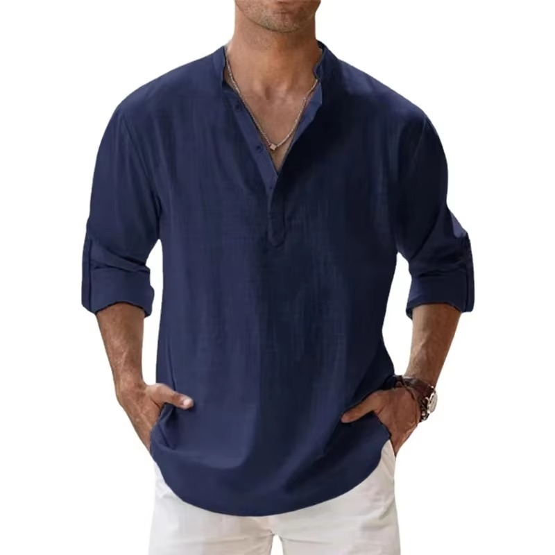 Men's beige cotton linen Henley shirt long sleeve casual summer fit three-button placket