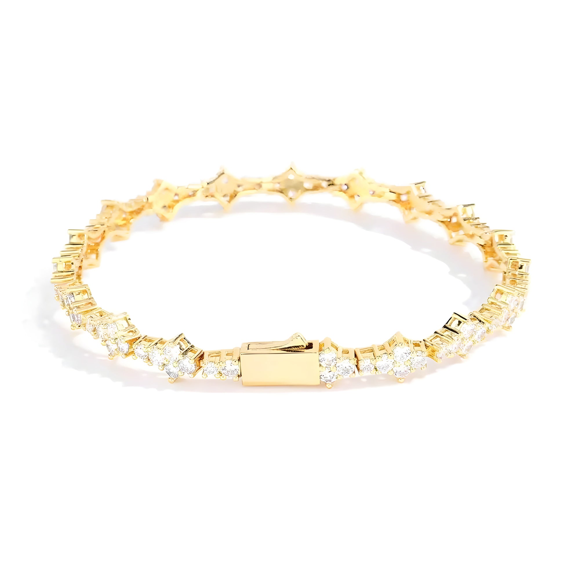 Silver cable chain bracelet with diamond-shaped rhinestone flower petals in geometric prong setting