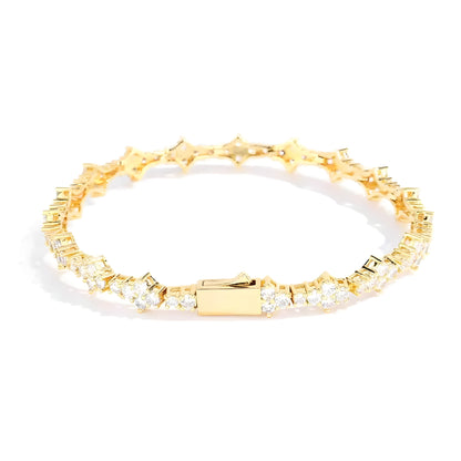 Silver cable chain bracelet with diamond-shaped rhinestone flower petals in geometric prong setting