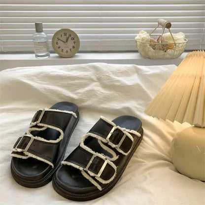 Women's cushioned slip-on buckle sandals with contoured footbed in elegant slide style