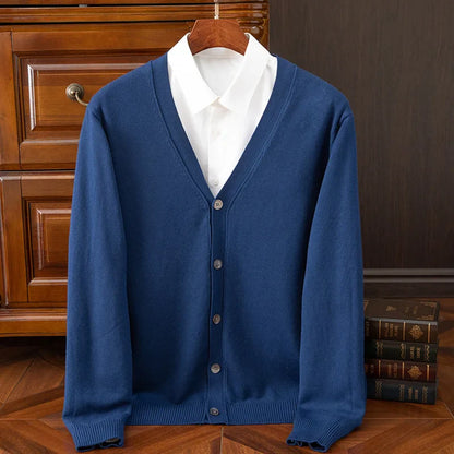 Men's grey cashmere wool blend V-neck cardigan with relaxed fit and refined heritage style