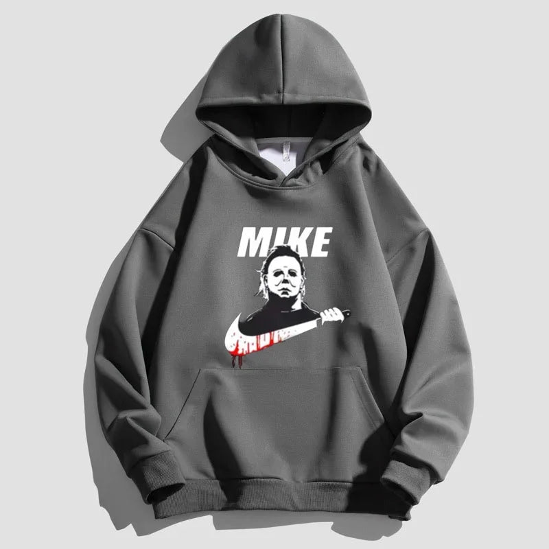 Men's gray relaxed-fit fleece hoodie with bold Mike graphic print and oversized silhouette