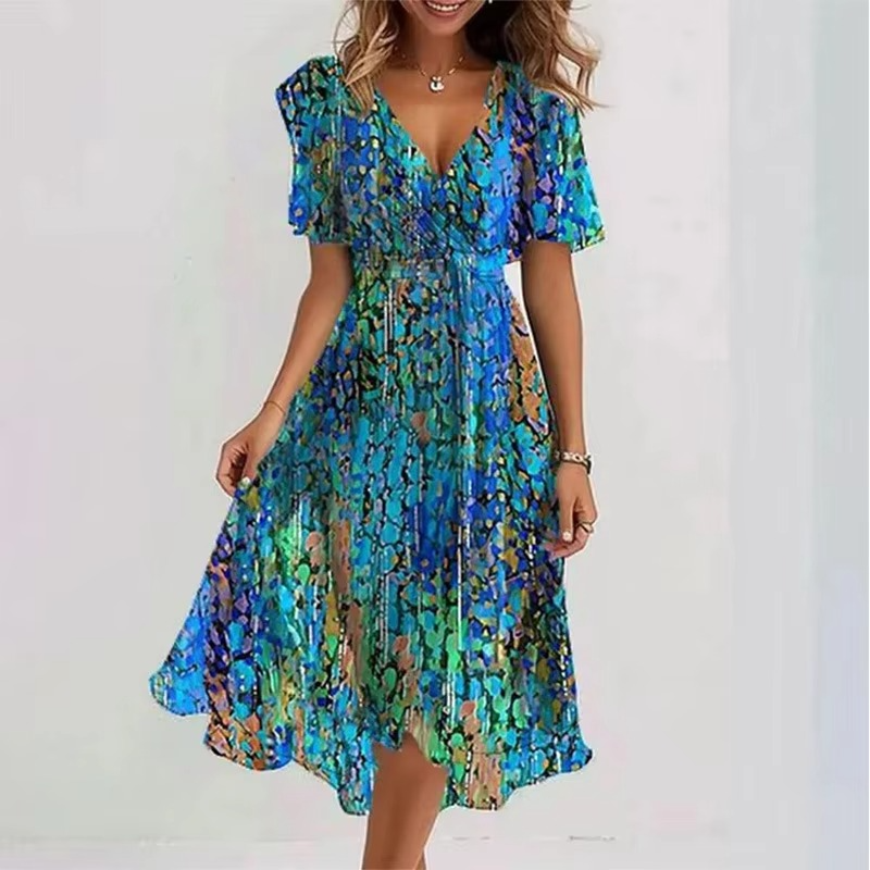 Summer V-Neck Floral Print Loose Casual Short Sleeve Dress for Women