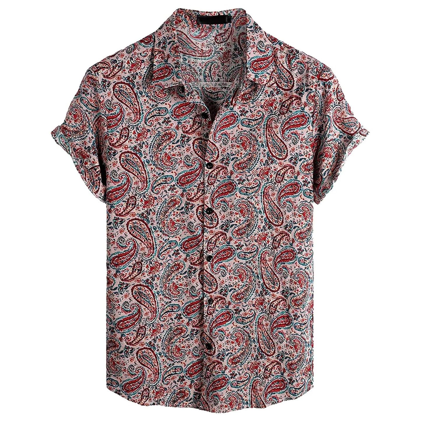 Oversized Hawaiian button-up shirt with bold vibrant prints, turn-down collar, relaxed poly blend fit