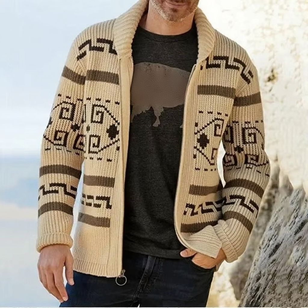 Men's vintage jacquard knit cardigan with shawl collar, zipper closure, warm winter layering piece