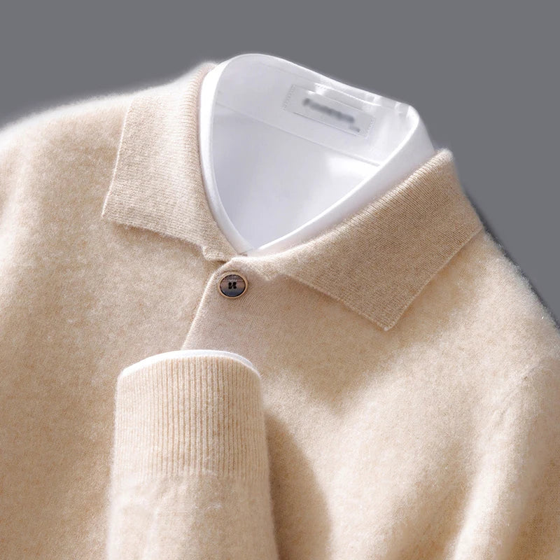 Men's wool knit pullover sweatshirt relaxed fit polo collar with button detail smart casual