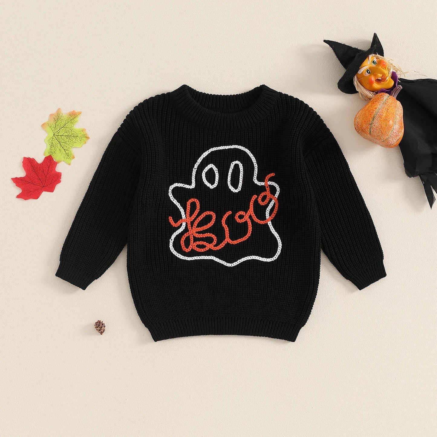 Kids orange Halloween knit sweater long sleeves pumpkin ghost embroidery cozy lightweight festive design