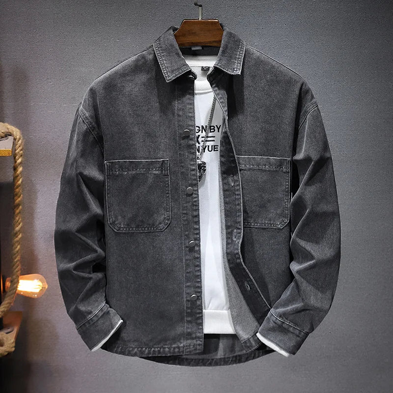 Men's midweight blue denim jacket structured fit minimal detailing Rochefort Paris TrendAura
