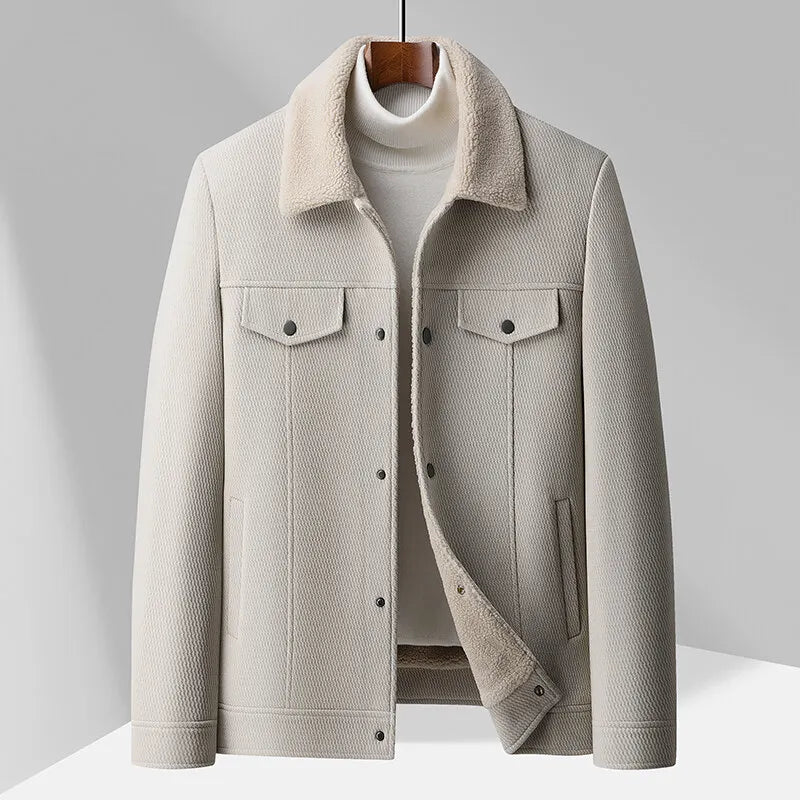 Unisex wool blend sherpa jacket beige neutral tones structured lapel collar lightweight layering coat