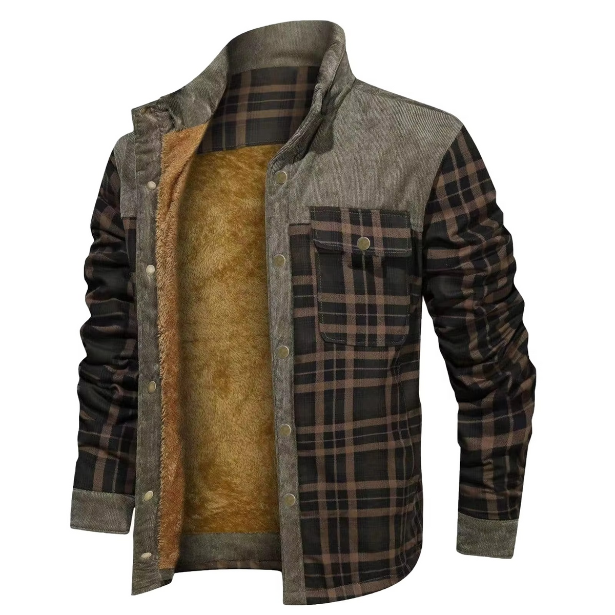 Men's gray flannel hooded shirt jacket with wool lining, button front, relaxed heritage fit