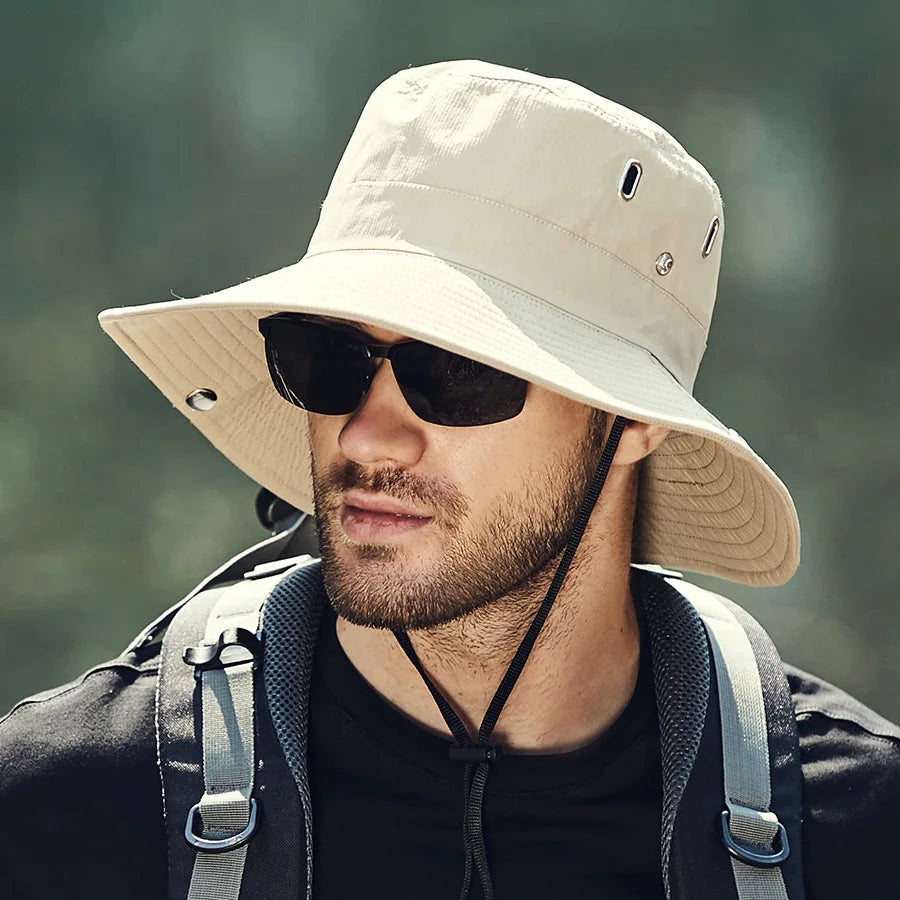 SunGuard lightweight packable hat with breathable perforations, floatable brim, and adjustable drawstring