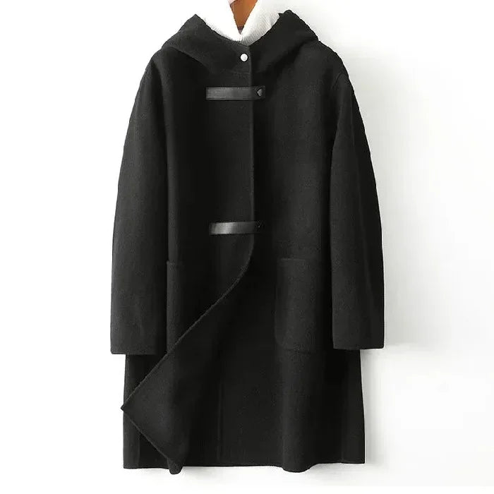 Celina hooded wool overcoat loose-fit double-sided design with large pockets, versatile layering piece