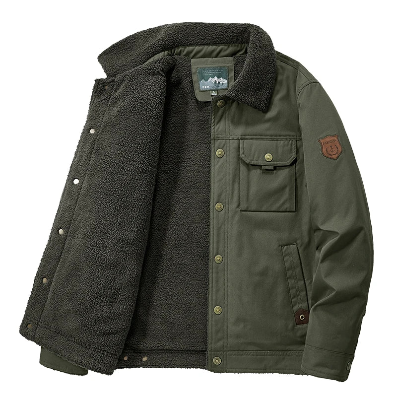 Ranger collar jacket with sherpa lining, snap closure, and utility pockets for a rugged structured fit