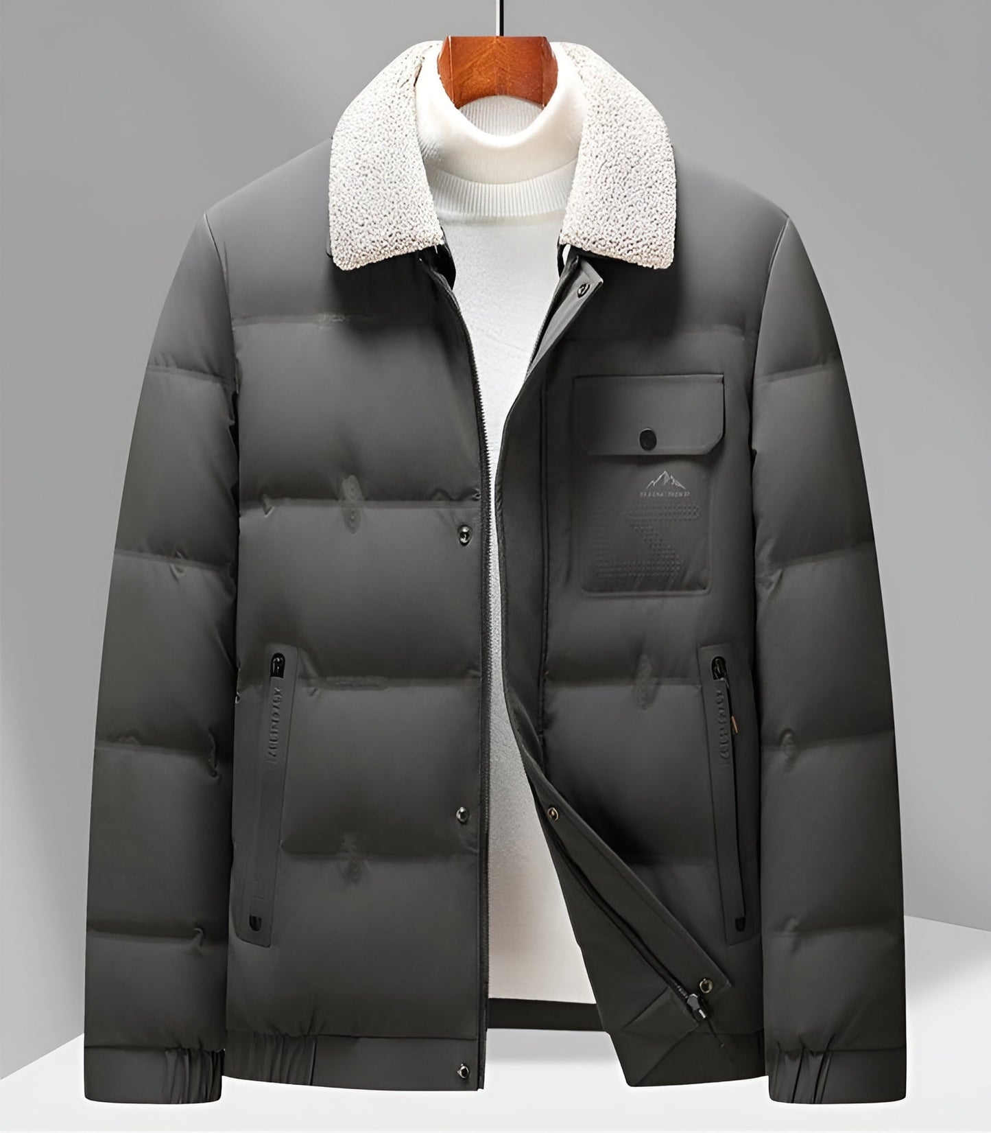 Black matte puffer jacket tailored fit with detachable white sherpa collar