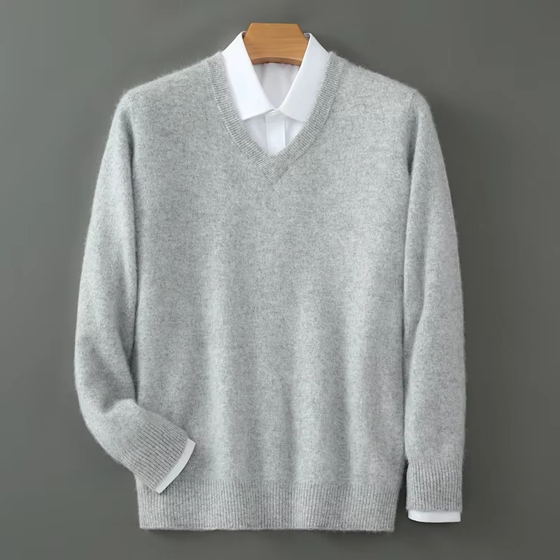 Men's cashmere blend V-neck knit pullover, loose fit, lightweight warm sweater for plus size