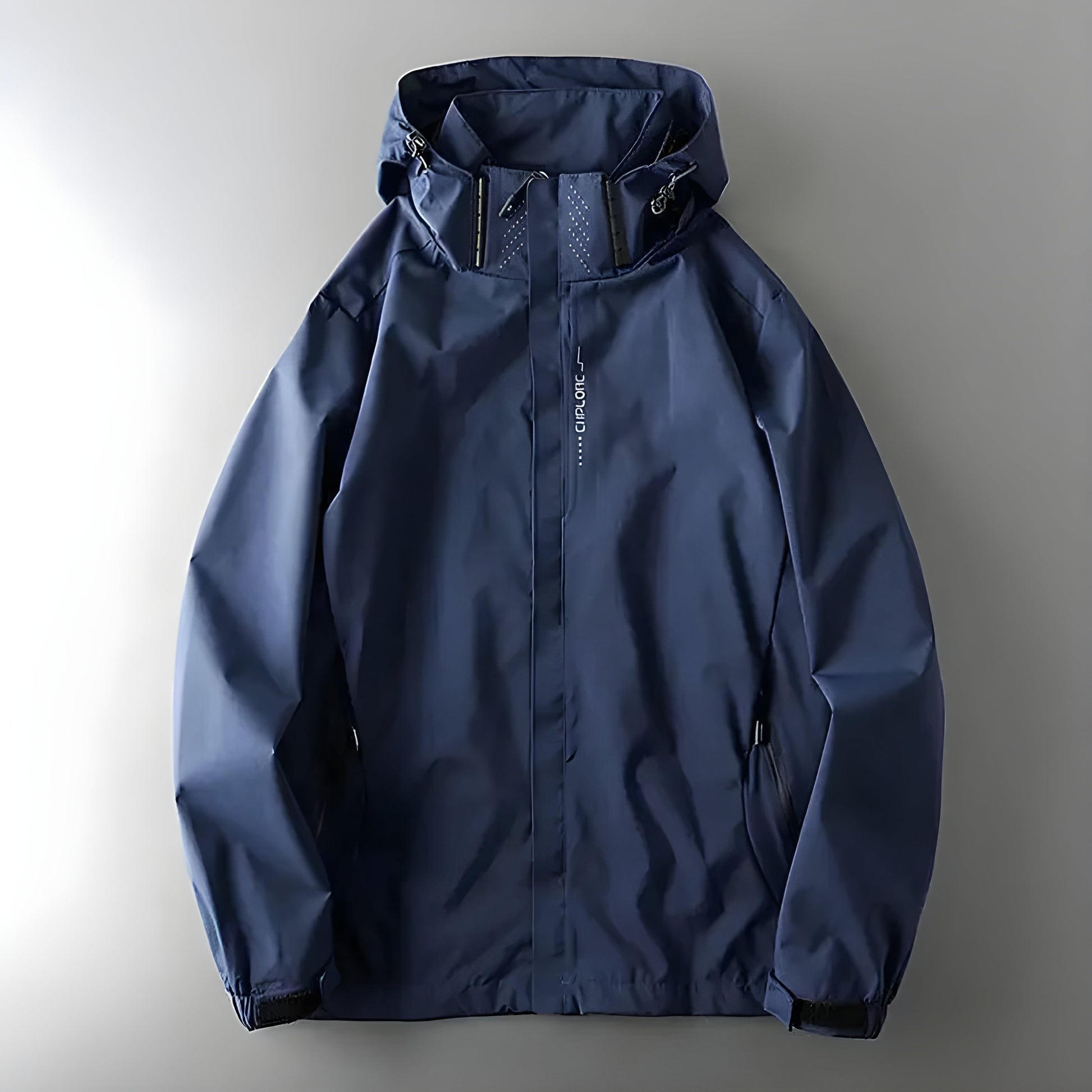 Men's olive green waterproof windbreaker with high collar, Velcro cuffs, and breathable lining vents