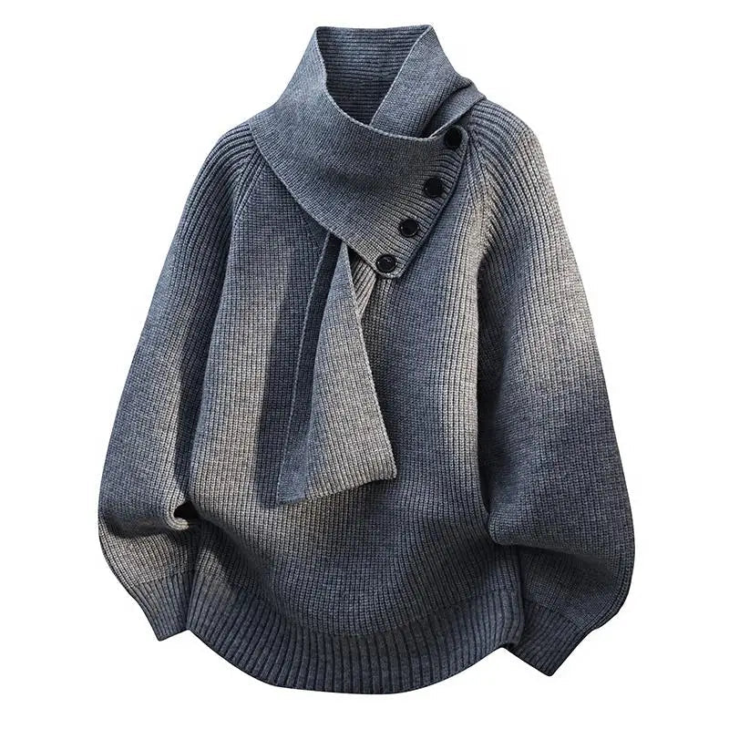 Cozy beige scarf-neck sweater with flattering sculpting fit and elegant draped neckline detail