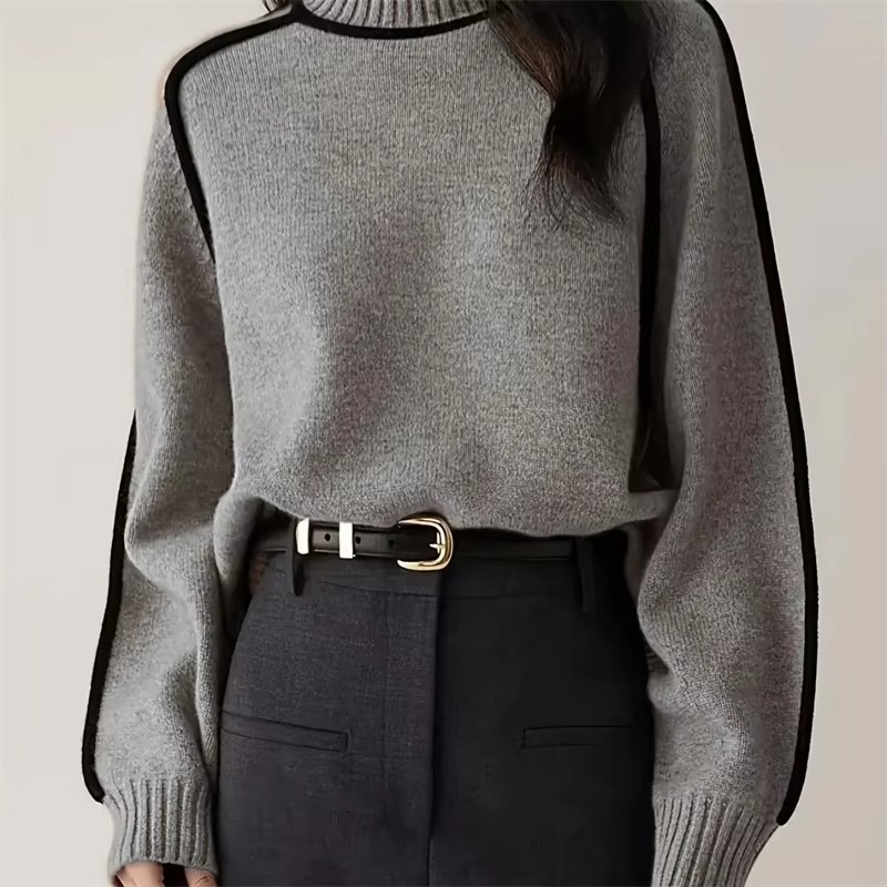 Women's striped turtleneck knit sweater loose fit long sleeve pullover cozy warm casual style
