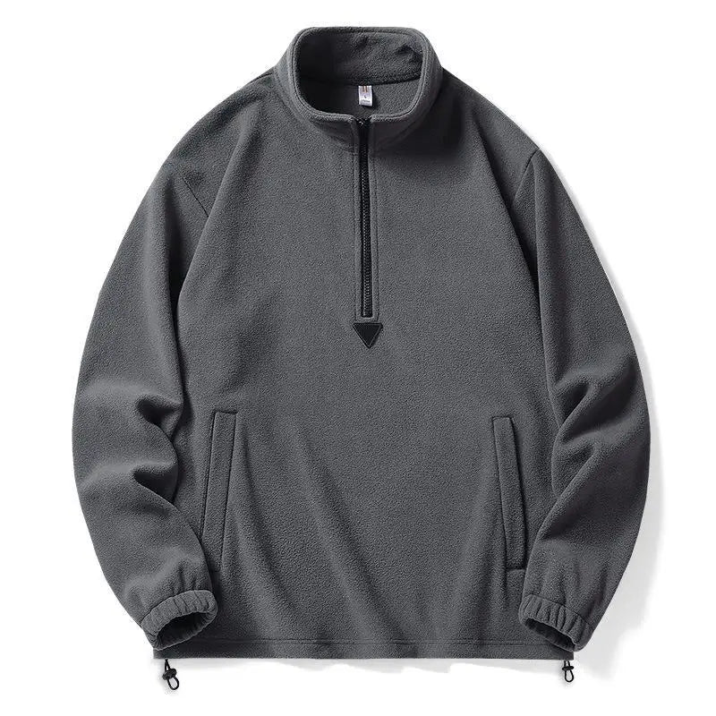 Relaxed-fit gray fleece sweater with quarter-zip mock neck closure and kangaroo pockets