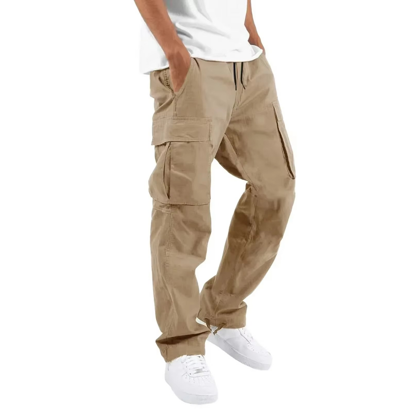 Men's solid cargo pants relaxed fit with multi-pocket design and adjustable drawstring waist