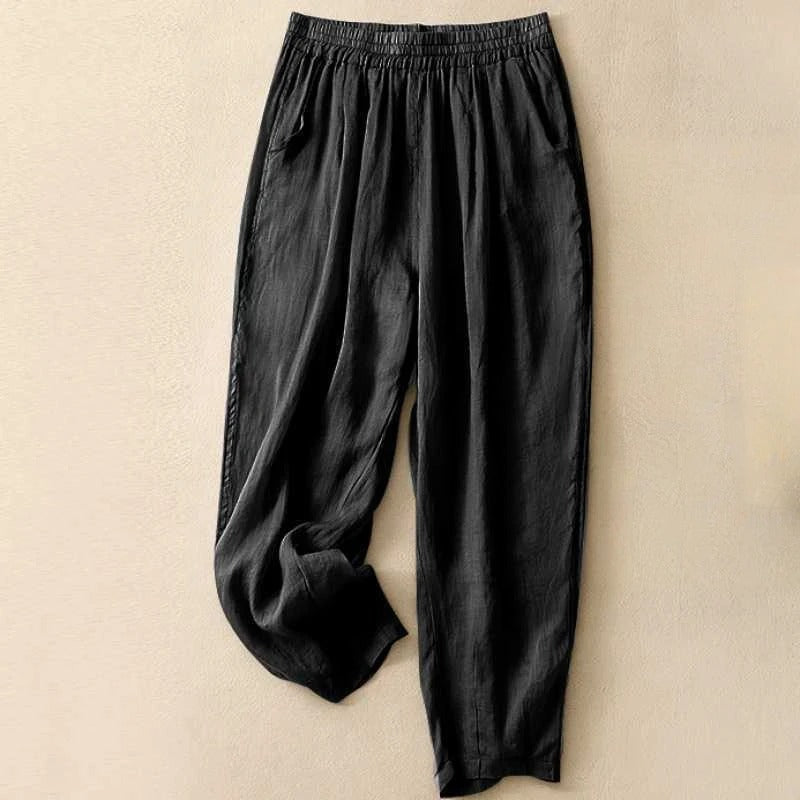 Sage green linen blend wide-leg pants with elastic gathered waist and side pockets