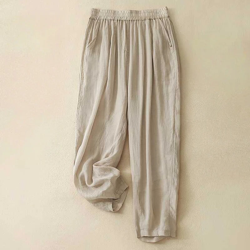 Sage green wide-leg linen blend pants with elastic gathered waist and side pockets