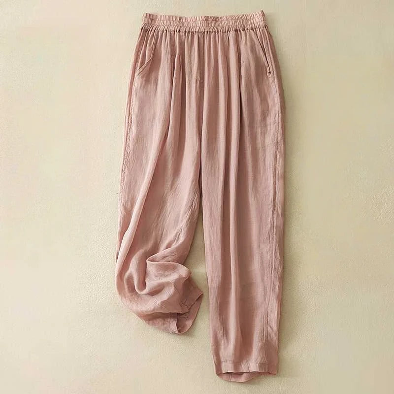 Sage green wide-leg linen blend pants with elastic gathered waist and side pockets