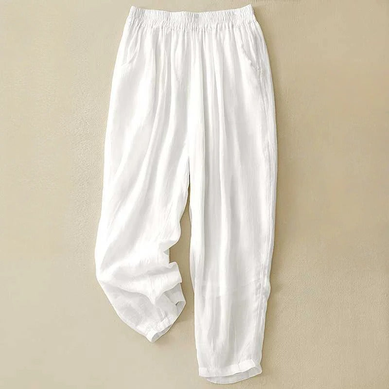 Sage green wide-leg linen blend pants with elastic gathered waist and side pockets