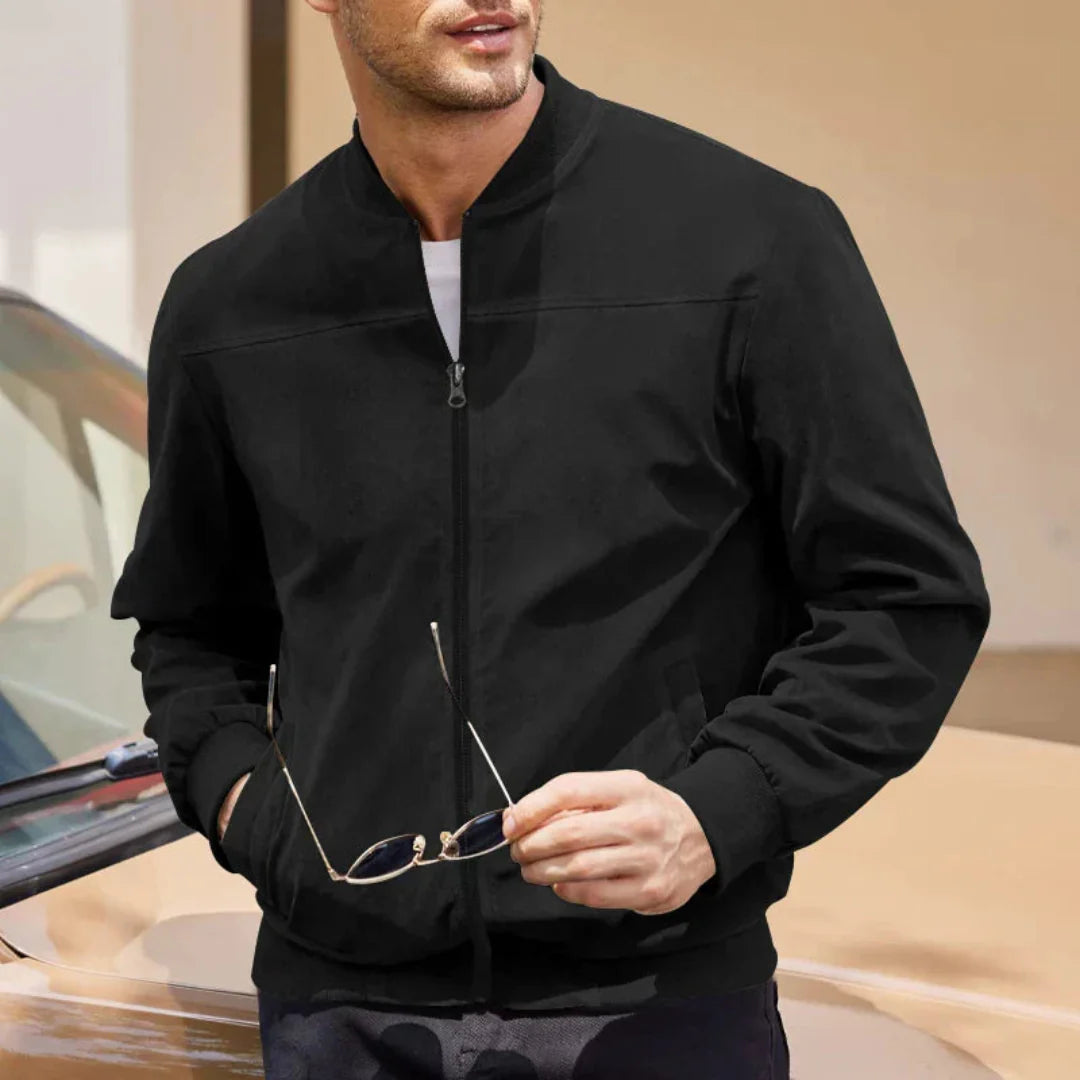 Brown suede-like men's bomber jacket zip-up lightweight luxury outerwear with soft premium finish