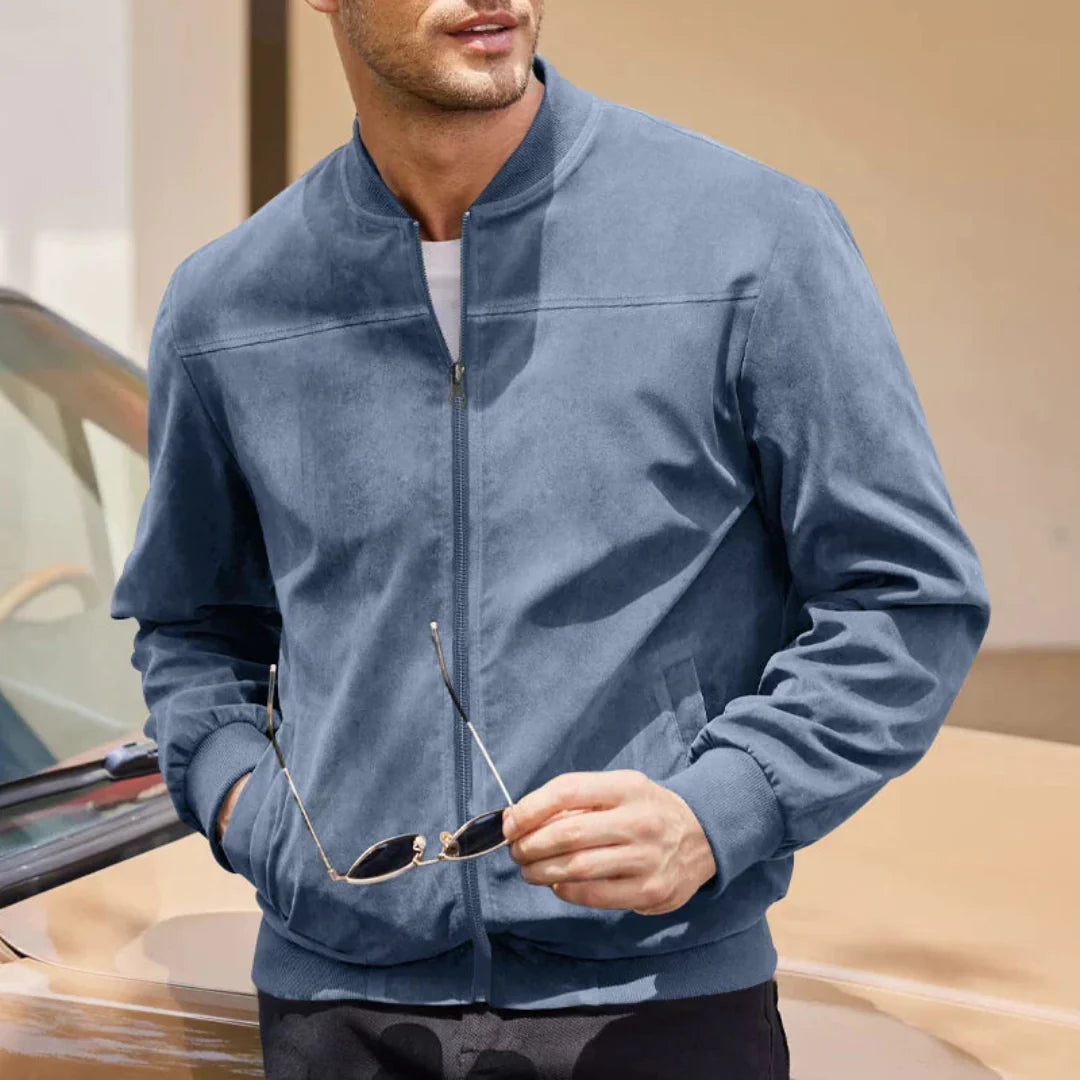 Men's brown suede-like bomber jacket zip-up lightweight luxury outerwear with refined casual style