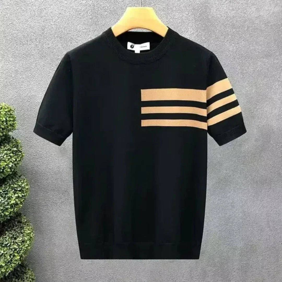 Sam white knit tee with bold contrast triple stripes, ribbed crew neckline, and striped sleeve hems