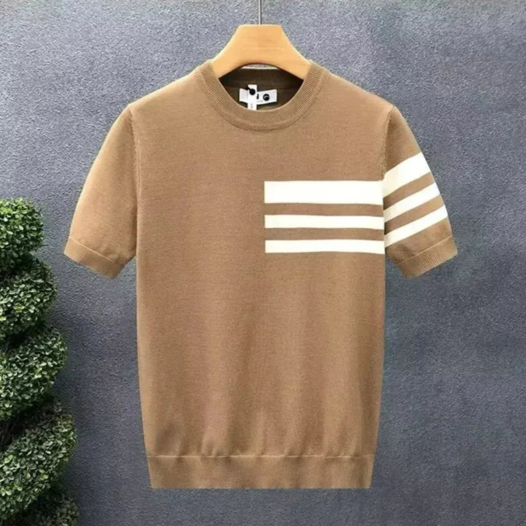 Sam contrast-stripe knit tee with bold triple-stripe sleeves and ribbed crew neckline