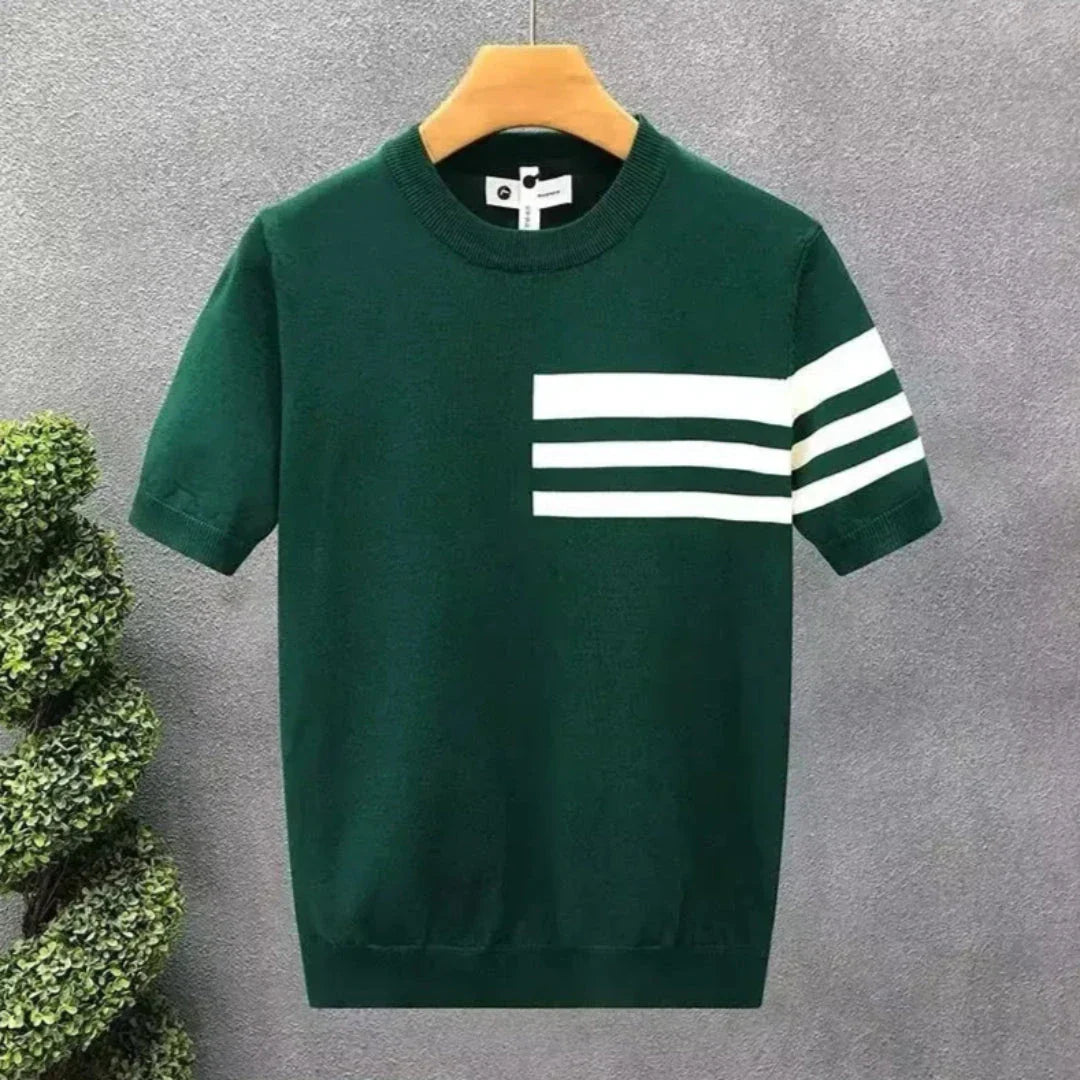 Sam contrast-stripe knit tee with bold triple-stripe sleeves and ribbed crew neckline