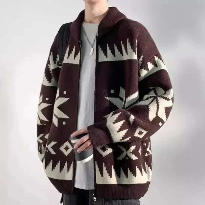 Oversized loose knitted sweater with Nordic geometric pattern, zip-up unisex cozy pullover