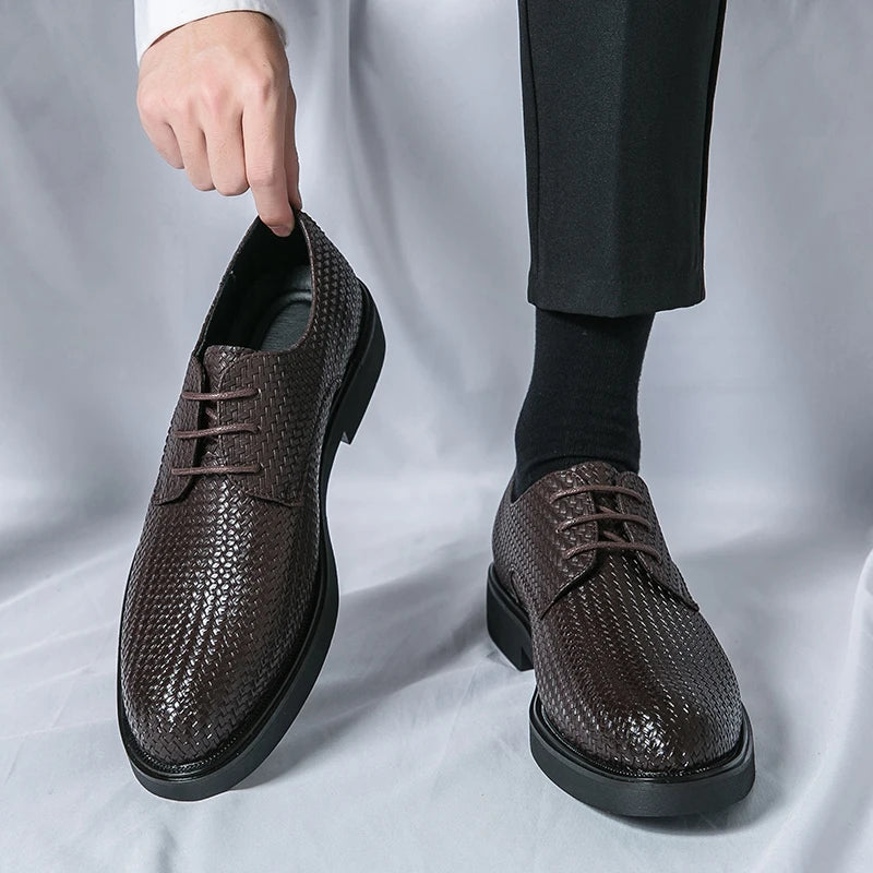 Santiago vegan leather oxford shoes in rich brown with basketweave embossing and classic almond toe