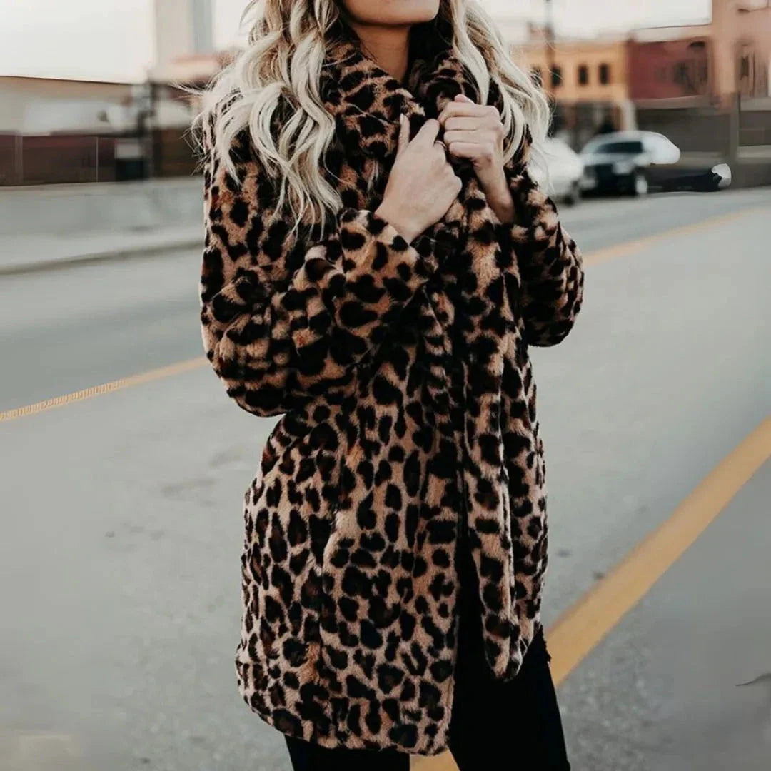 Sasha leopard print faux fur coat with statement collar, bold cozy style for women